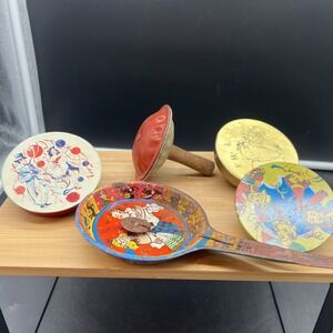 5 Vintage Noisemakers US Metal Toy MFG Noise Maker Tin Taiwan Rattle Party
